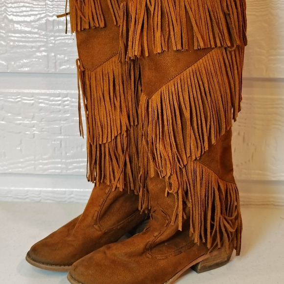 Not Rated Shoes - Not Rated Fringe Brown Suede Boots Festival Boho Western Size 6.5 Pull On